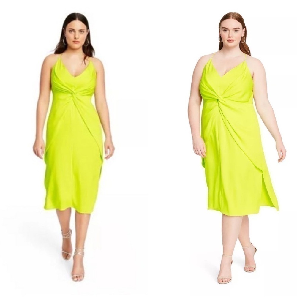 CUSHNIE Lime Twist Front Satin Midi Dress XXL